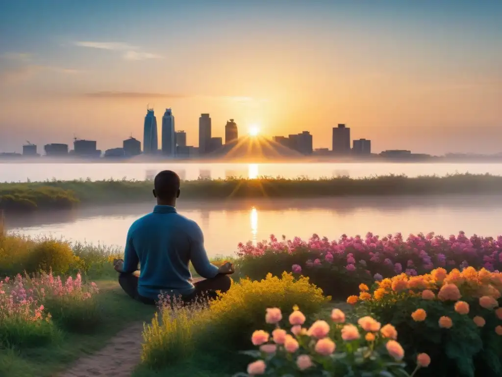 Un amanecer sereno sobre el Río de la Plata en Uruguay, con la luz dorada reflejándose en el agua, y una persona meditando en la orilla