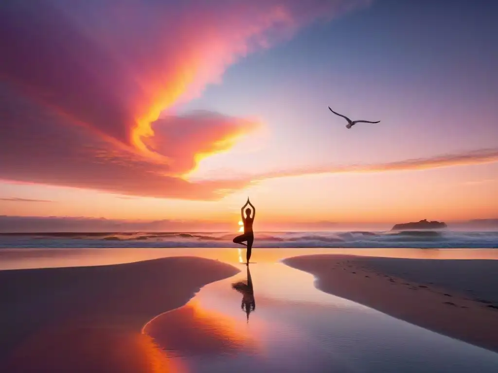 Un amanecer tranquilo en Playa Brava, Punta del Este, Uruguay, con una persona practicando yoga y gaviotas volando