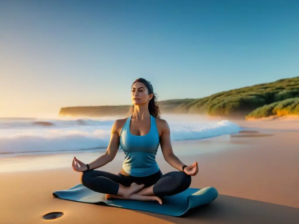 Un amanecer tranquilo en una playa de Uruguay con una sesión de yoga, retratando la esencia de los retiros de bienestar en Uruguay