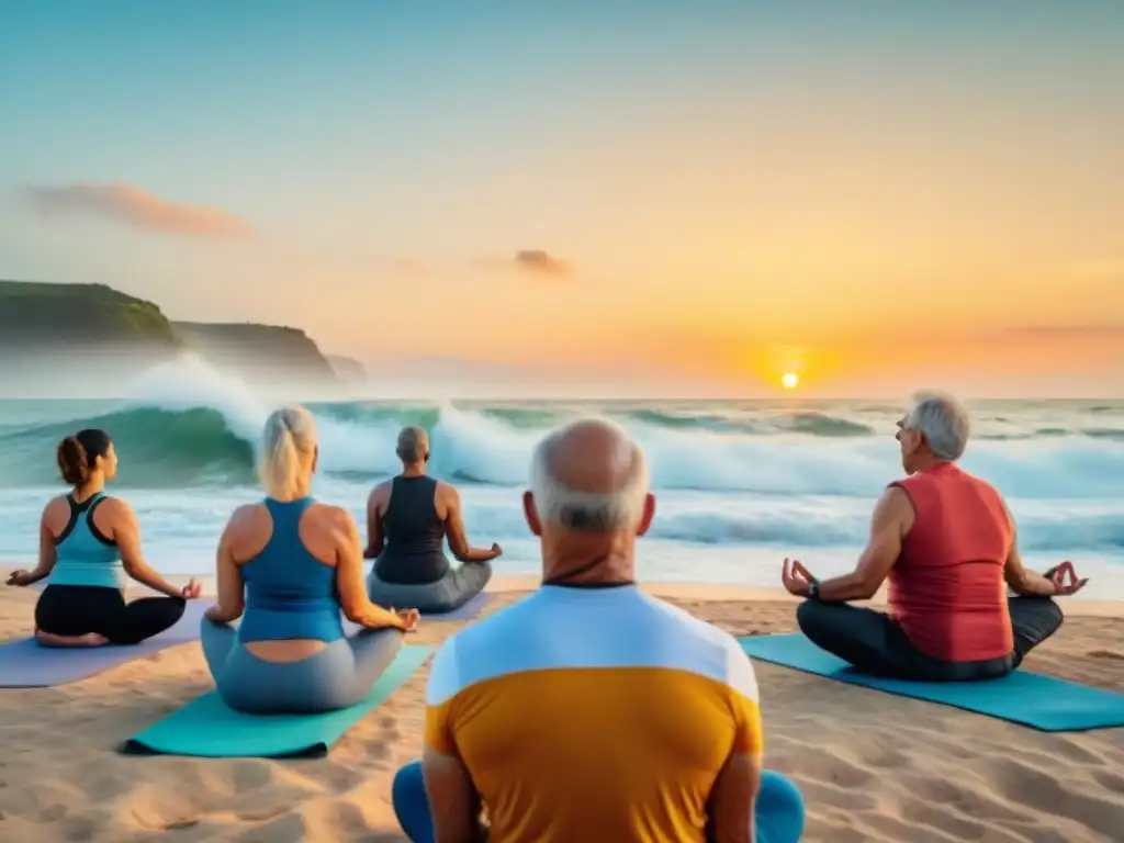 Un amanecer vibrante en Uruguay con un grupo de ancianos practicando yoga en la playa, mostrando envejecimiento activo y bienestar integral