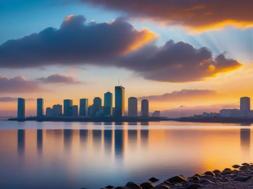 Un amanecer vibrante sobre el Río de la Plata en Montevideo, Uruguay, simbolizando adaptabilidad y resiliencia