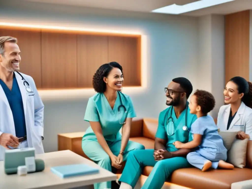 Un ambiente acogedor en una consulta médica moderna, con un grupo diverso de personas sonrientes interactuando con un proveedor de salud