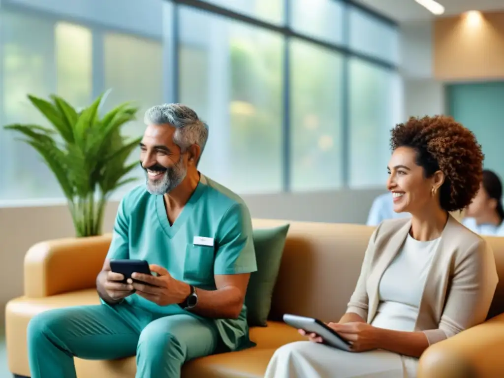 Un ambiente hospitalario inclusivo y acogedor en Uruguay con personas de diferentes edades y orígenes sonriendo y disfrutando juntas