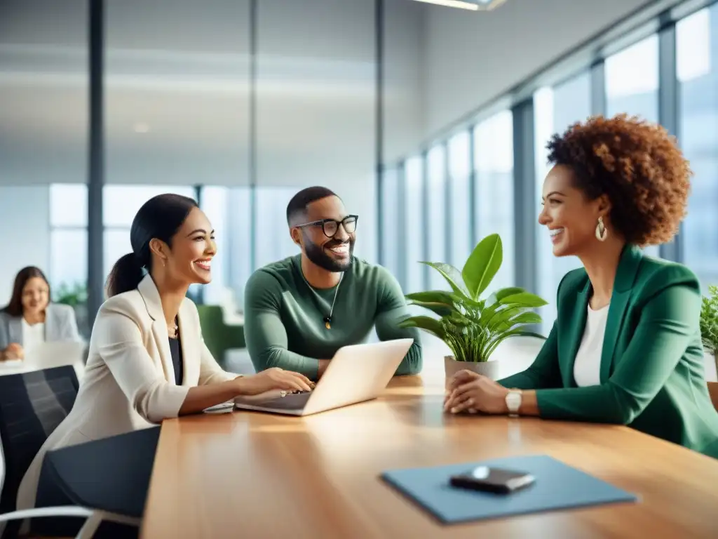 Un ambiente de oficina moderno y acogedor con profesionales sonrientes promoviendo bienestar laboral en Uruguay