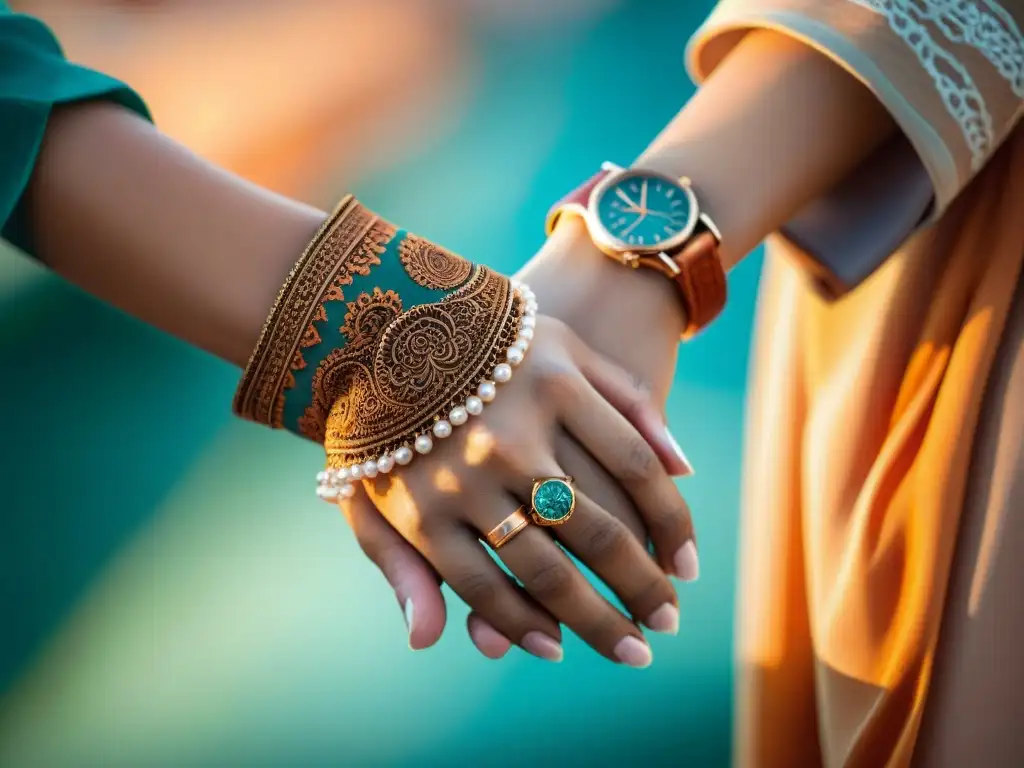 Dos amigas unidas por la confianza y lealtad, una mano con diseños de henna y joyas, la otra con un reloj sutil