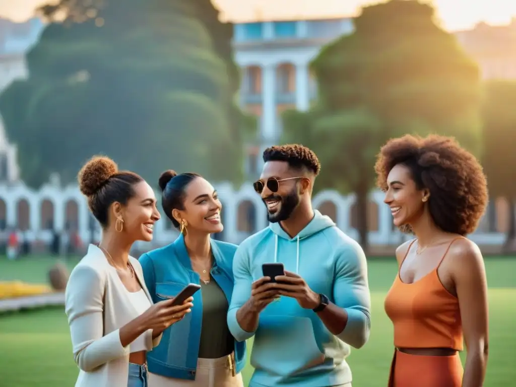 Amigos disfrutan de actividad al aire libre en parque de Montevideo con wearables, fomentando relaciones saludables