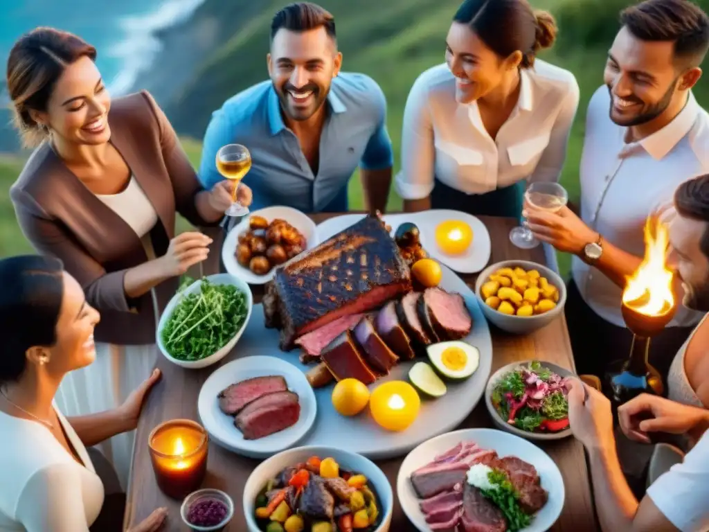 Amigos disfrutando de un asado uruguayo al aire libre al atardecer