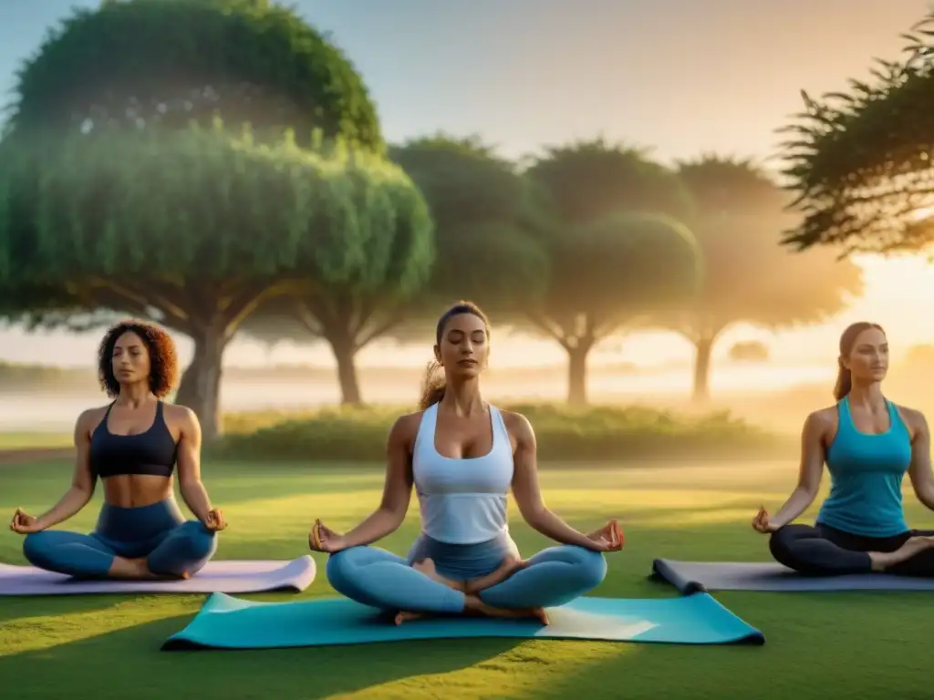 Armonía en el parque: yoga en familia y amigos en Uruguay Amigos y familia practicando yoga juntos al atardecer en un parque de Uruguay