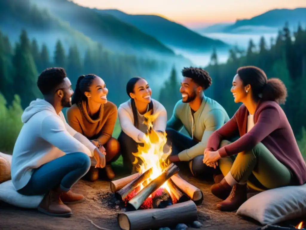 Amigos disfrutan alrededor de fogata en bosque, creando lazos y compartiendo risas bajo cielo estrellado