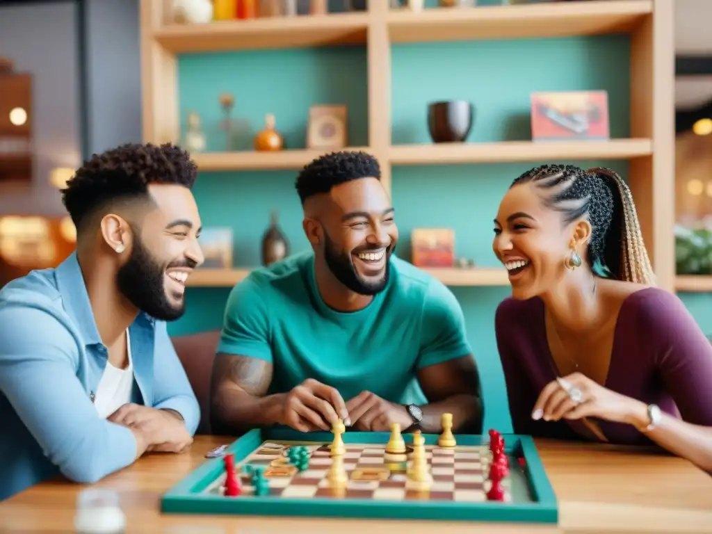 Amigos disfrutando de un juego de mesa en un acogedor café, mostrando cómo los hobbies compartidos fortalecen relaciones