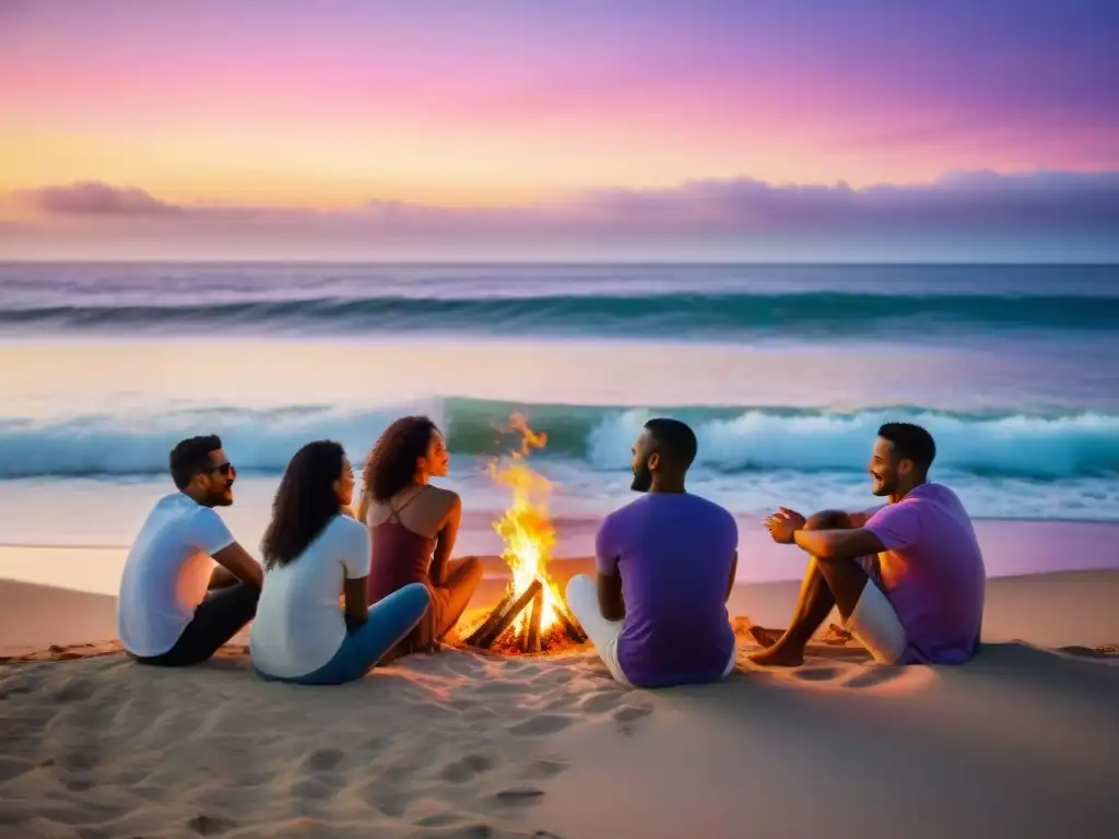 Amigos de distintos orígenes culturales disfrutan de una fogata en la playa al atardecer, reflejando la amistad y camaradería