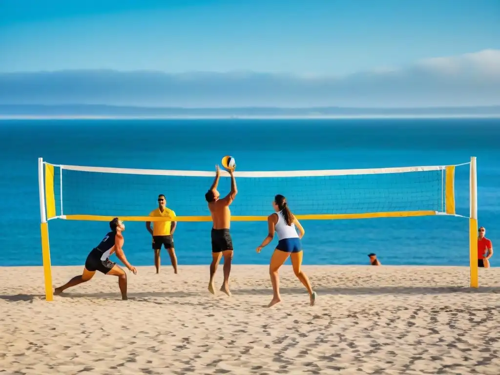 Amigos juegan vóley en la playa de Punta del Este, Uruguay, disfrutando los beneficios de los deportes al aire libre