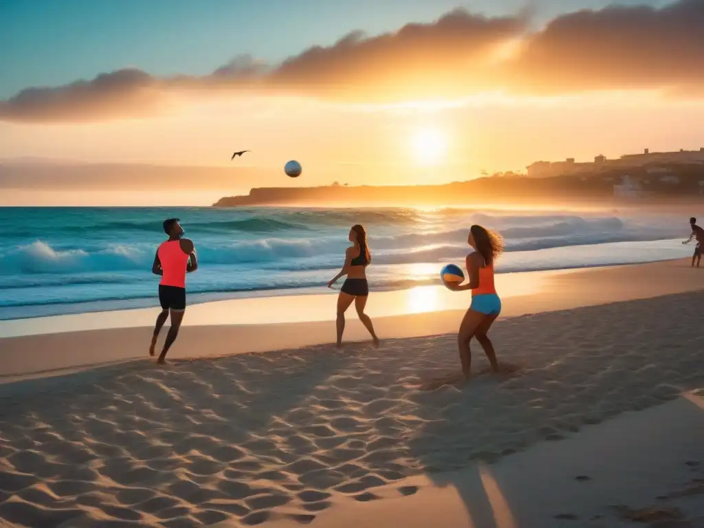 Amigos disfrutan voleibol al atardecer en la playa de Uruguay