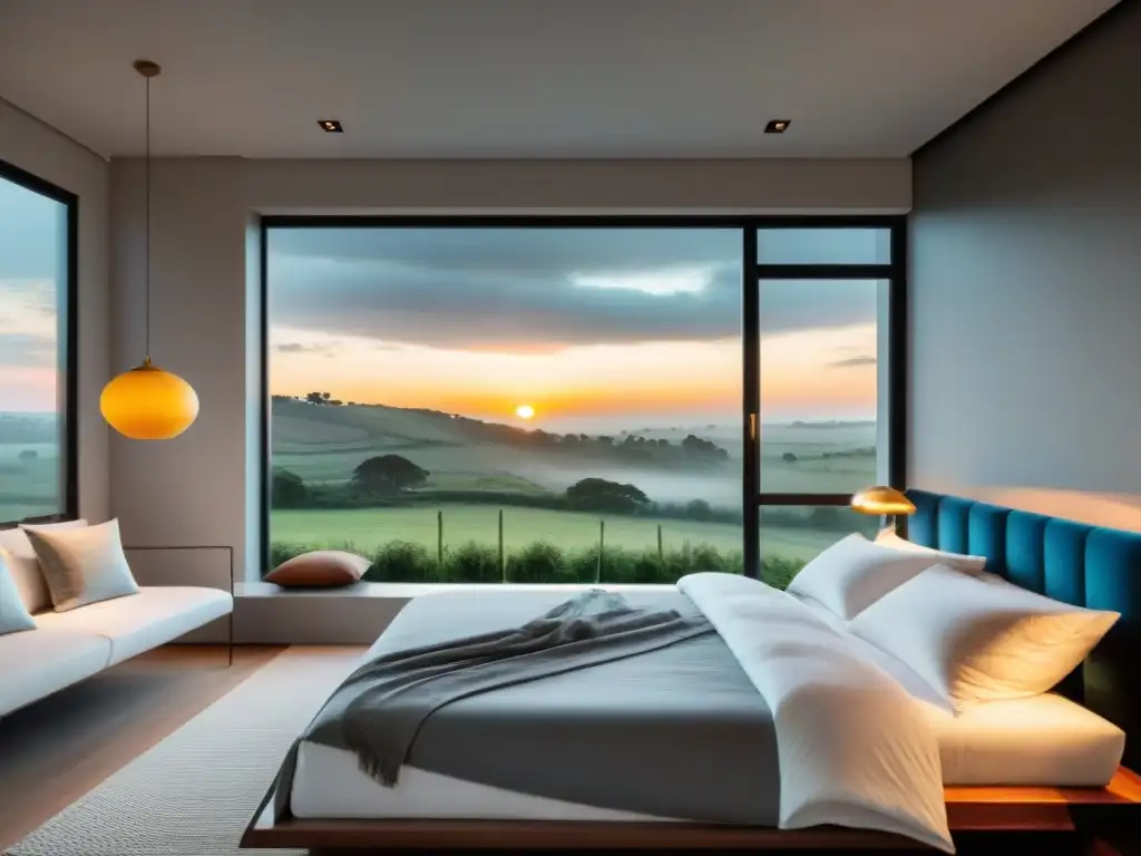 Amplias ventanas muestran un hermoso amanecer en un sereno dormitorio moderno en Uruguay