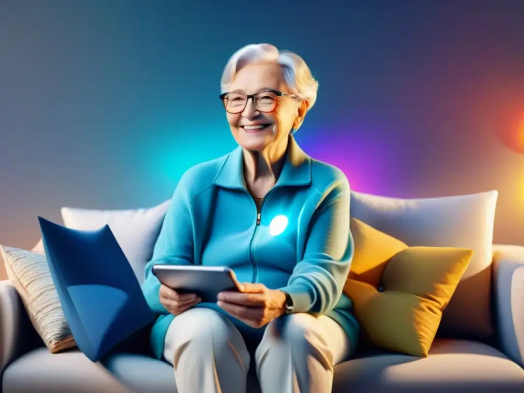 Un anciano disfruta de las mejores aplicaciones tecnología bienestar seniors en un salón acogedor y bien iluminado, rodeado de dispositivos modernos