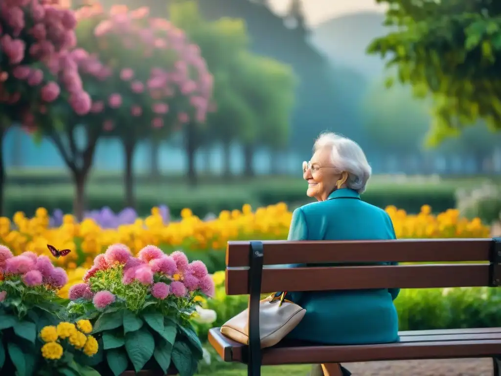 Un anciano sonríe feliz en un banco de parque entre flores vibrantes, transmitiendo serenidad y positividad