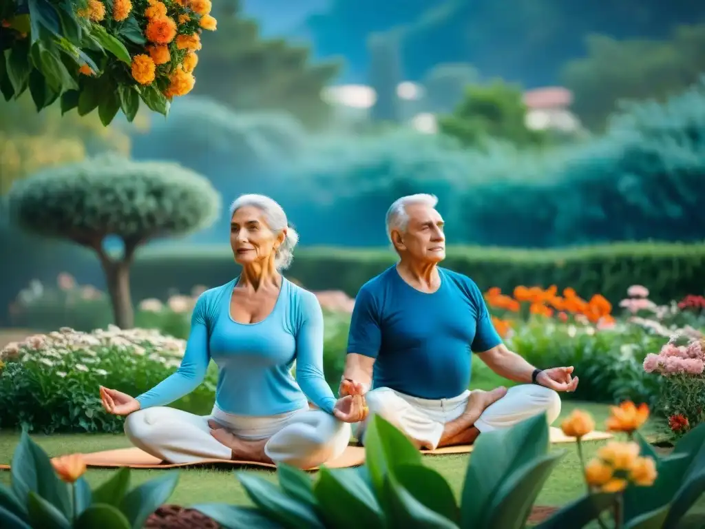 Envejecer saludablemente en Uruguay: Pareja de ancianos practicando yoga en un jardín exuberante, rodeados de flores y árboles bajo un cielo azul