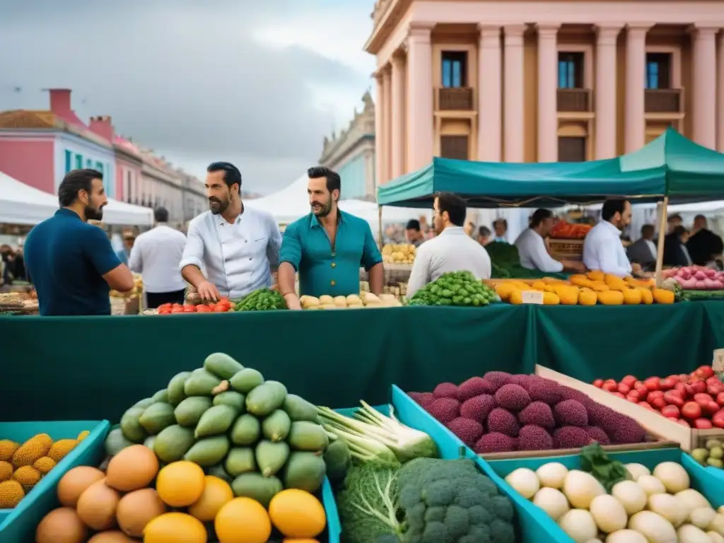 Una animada feria de agricultores en Montevideo, Uruguay, con productos locales y una mezcla de clientes