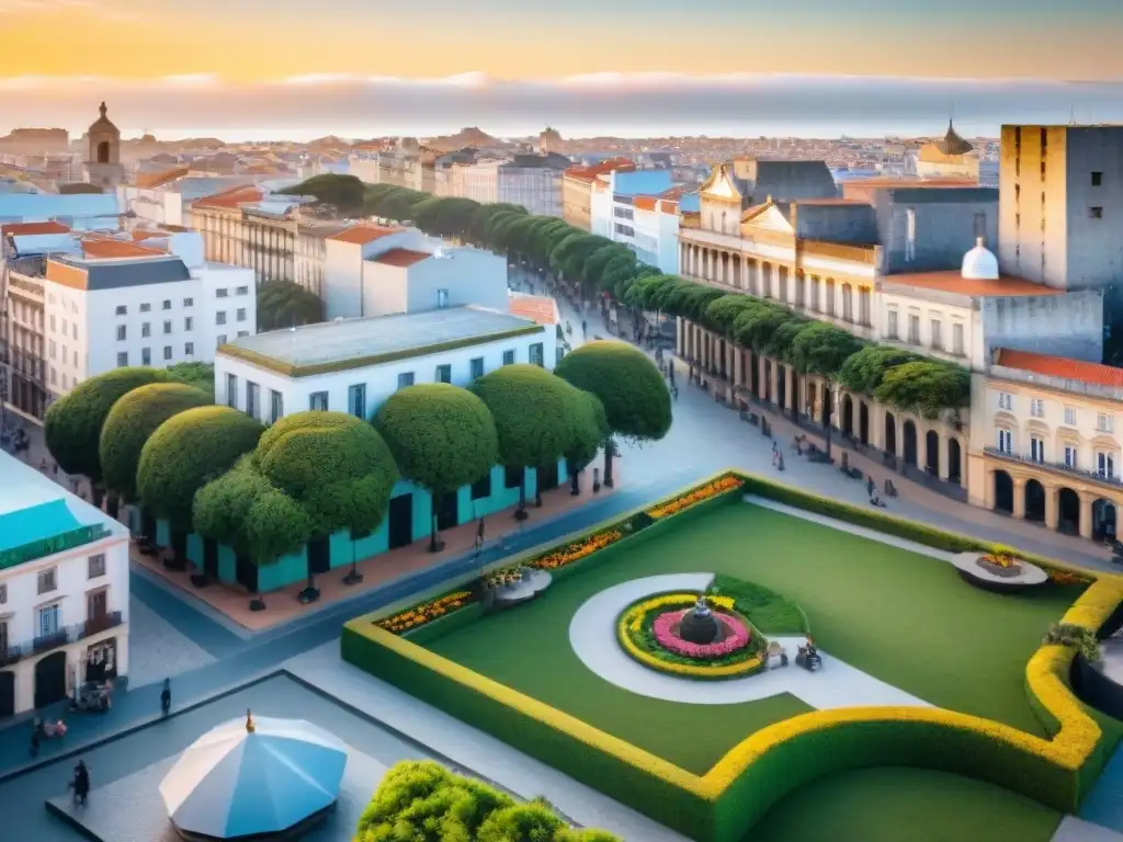 Plaza animada en Montevideo: escena urbana inclusiva y vibrante Un animado entorno urbano en la capital de Uruguay con cafés al aire libre, arte callejero y espacios verdes