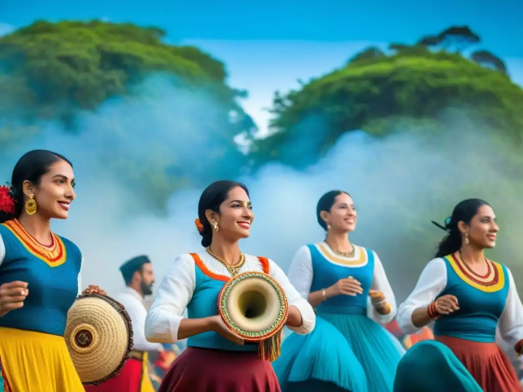 Animado festival de integración cultural en Uruguay: bailes tradicionales, música, artesanías y diversidad bajo cielos azules y vegetación exuberante