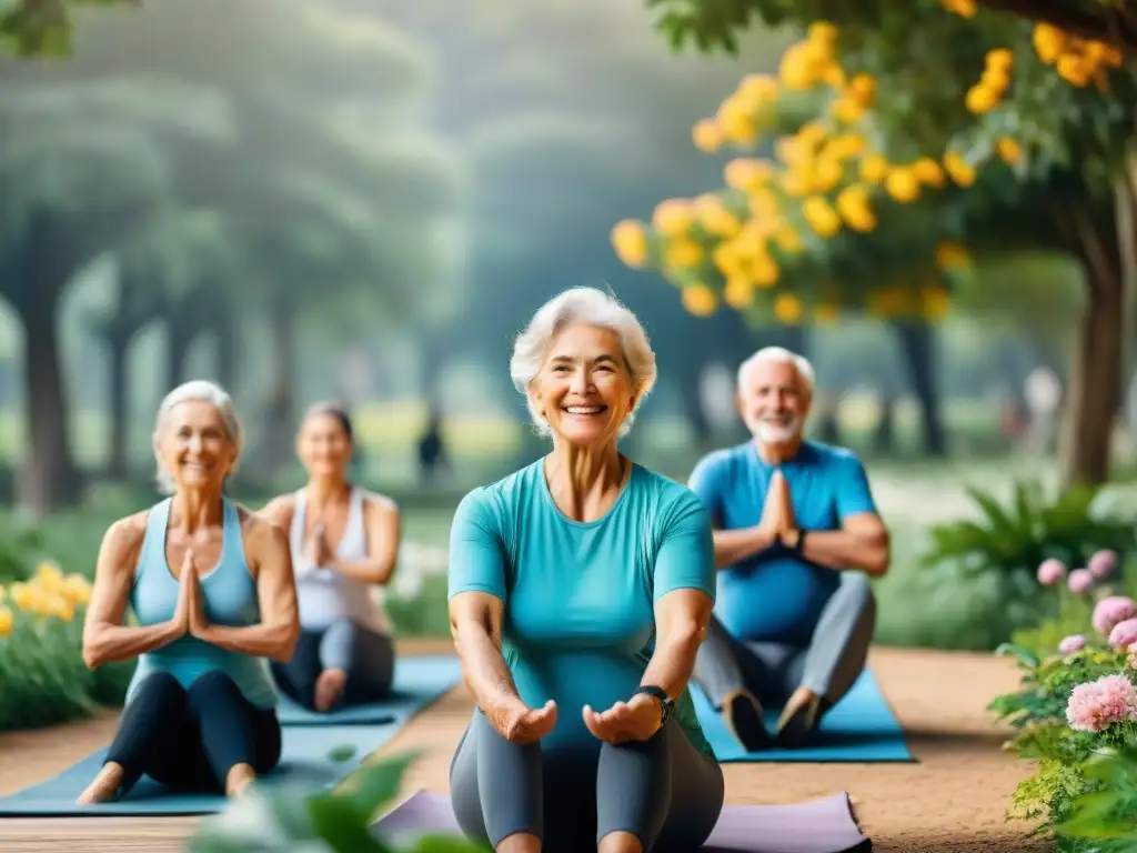 Un animado grupo de ancianos sonrientes disfrutando de actividades físicas en un parque de Uruguay