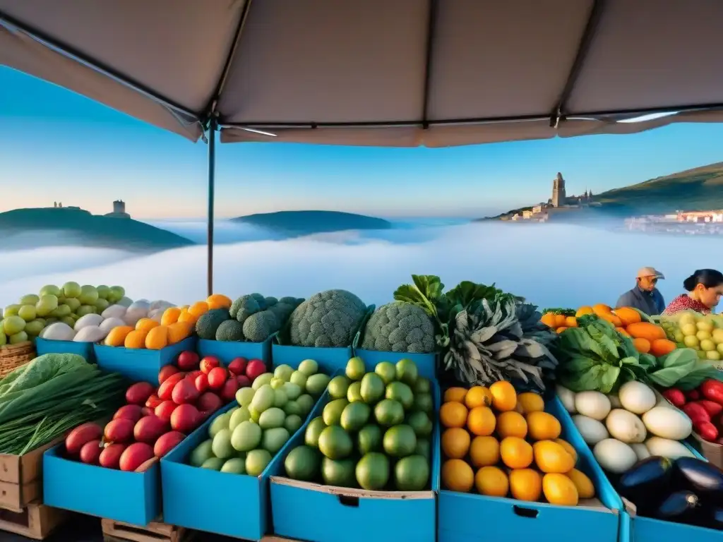 Animado mercado de agricultores en Uruguay con frutas, verduras y hierbas locales