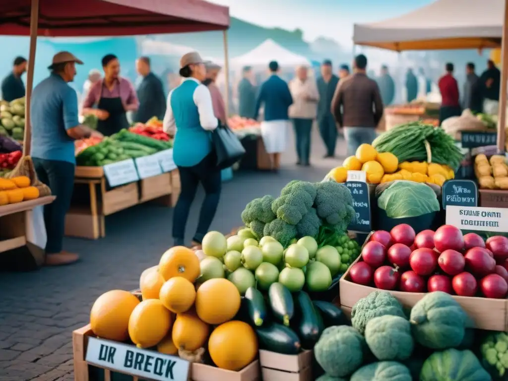 Un animado mercado de agricultores en Uruguay, con productos frescos y sin gluten, bajo el sol brillante