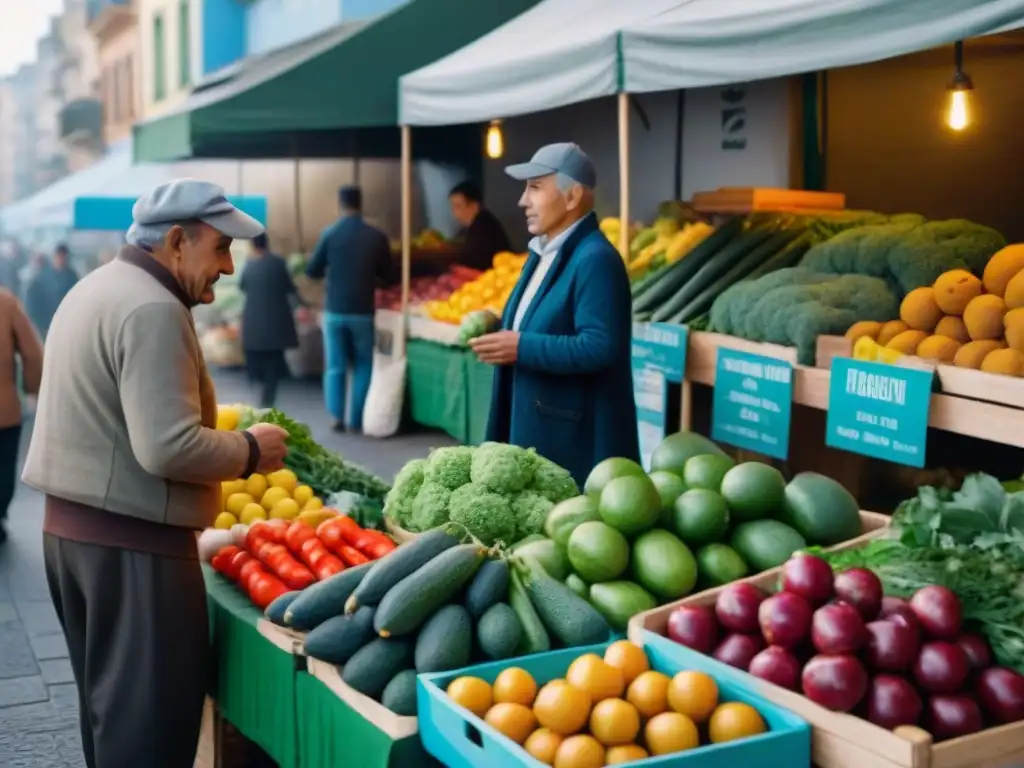 Un animado mercado callejero en Montevideo, Uruguay, muestra coloridas frutas y verduras, con locales seleccionando productos frescos