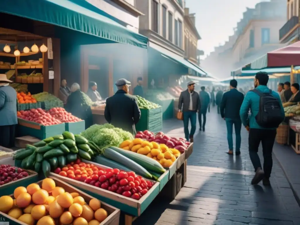 Un animado mercado callejero en Montevideo, Uruguay, reflejando la salud financiera en Uruguay con puestos de productos frescos y artesanías locales