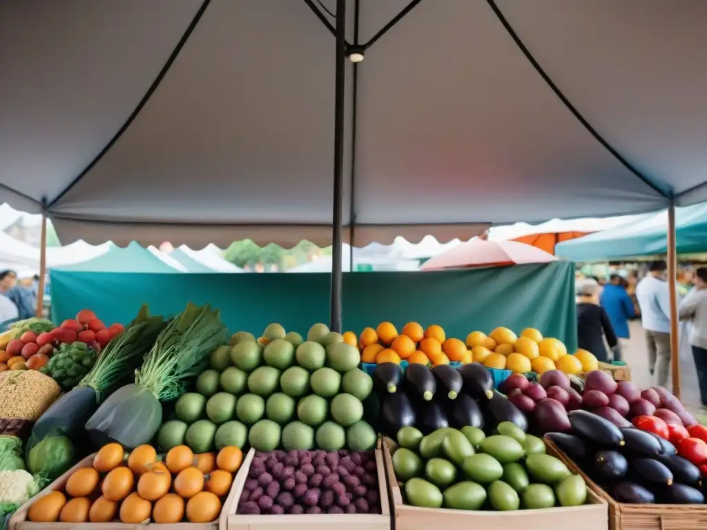 Animado mercado en Uruguay con frutas y verduras frescas bajo coloridos paraguas, fomentando la alimentación consciente en Uruguay