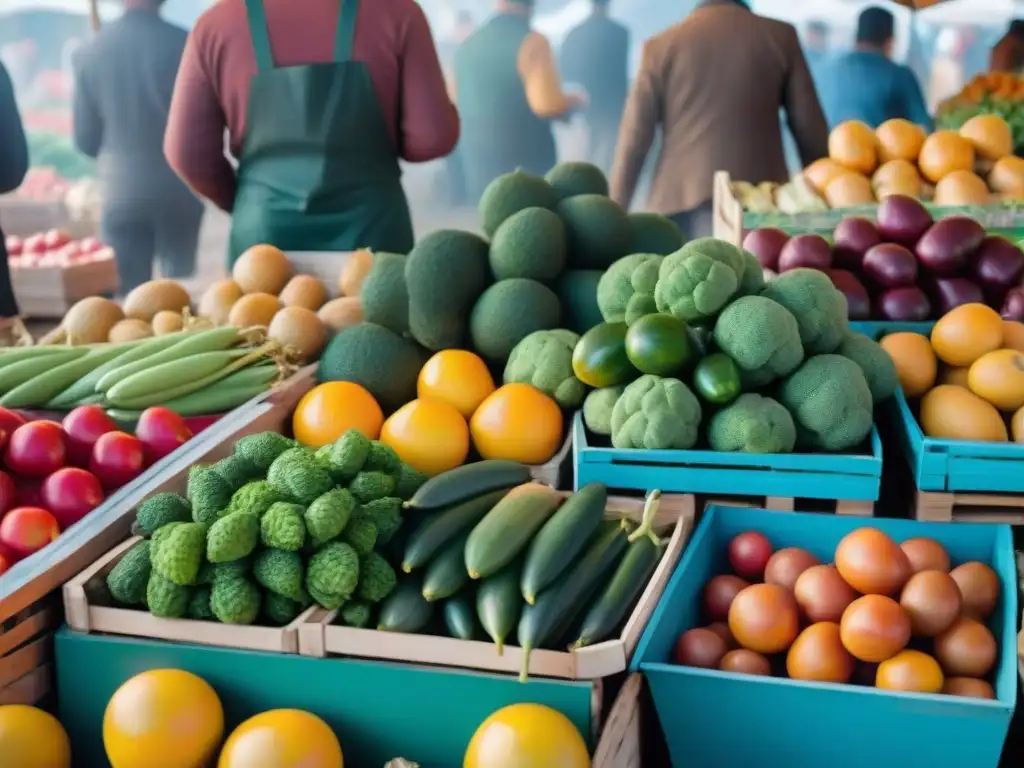 Un animado mercado en Uruguay con frutas y verduras frescas, vendedores y comida tradicional