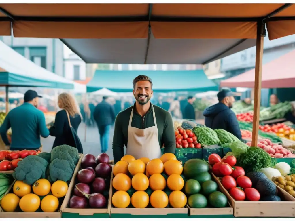 Animado mercado de productores en Montevideo, Uruguay, con comida vegana y arquitectura tradicional