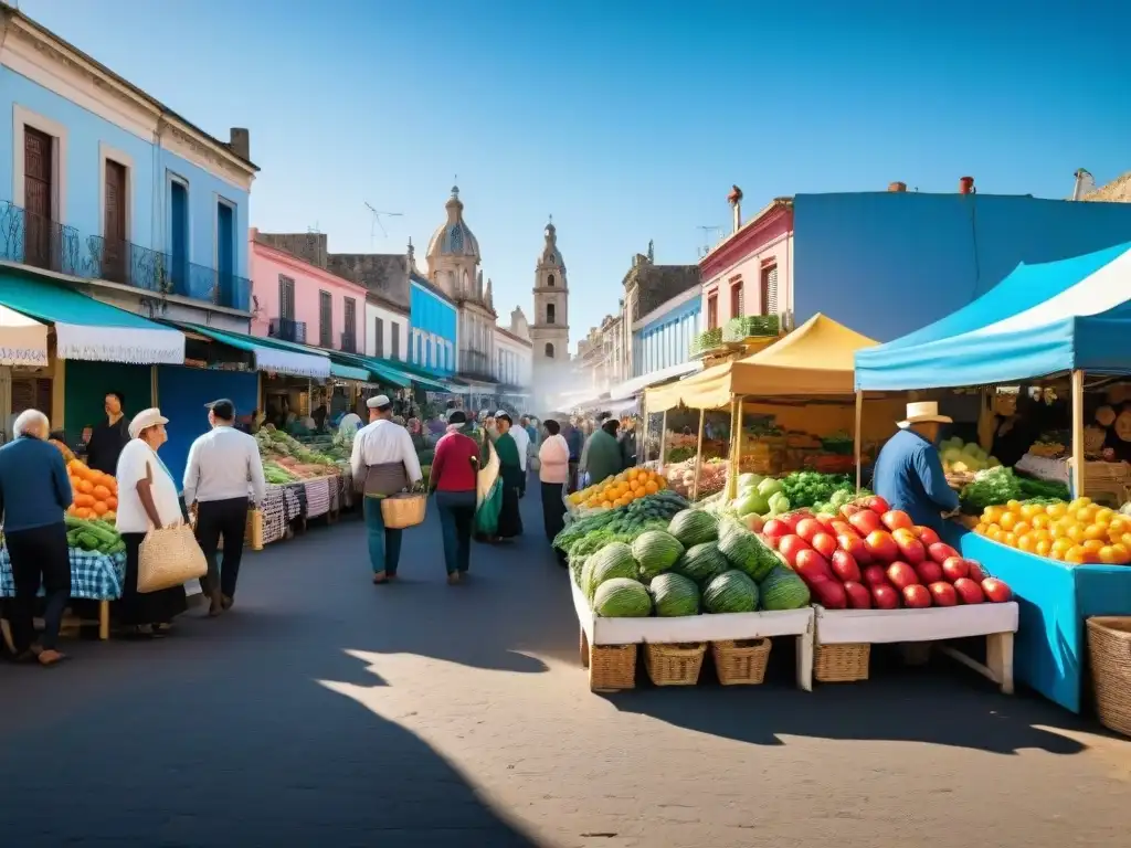 Animado mercado uruguayo, ferias vecinales bienestar Uruguay, coloridas frutas, verduras y productos locales bajo cielo azul