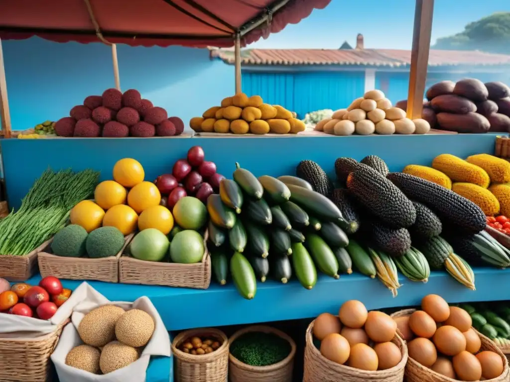 Animado mercado uruguayo rebosante de alimentos frescos y coloridos, reflejando la rica dieta uruguaya que previene enfermedades crónicas