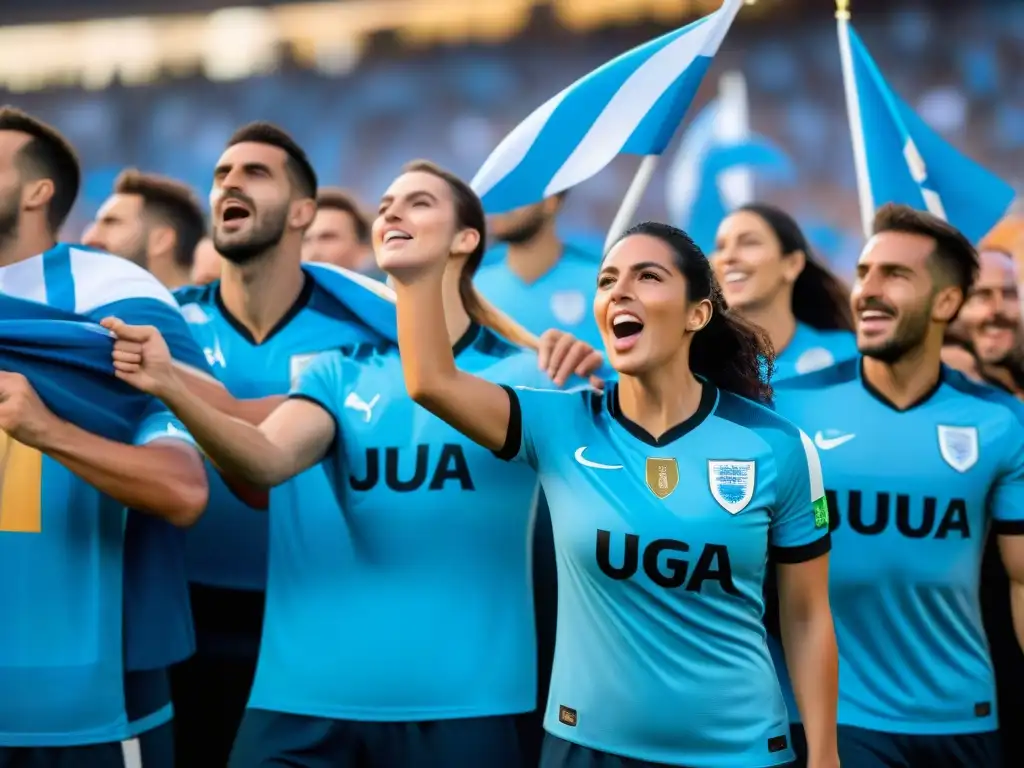 Apasionados fans uruguayos en estadio lleno, reflejando la importancia del fútbol uruguayo en bienestar