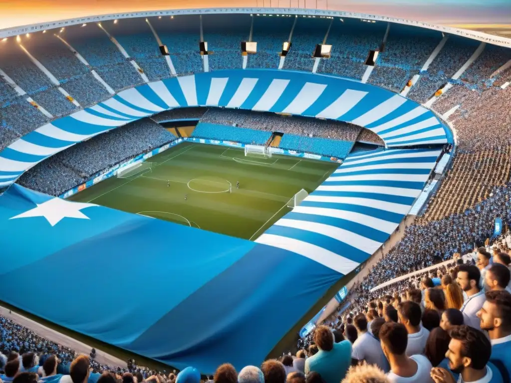 Apasionante estadio de fútbol en Uruguay con fans apasionados y banderas ondeando, en tonos azul y blanco