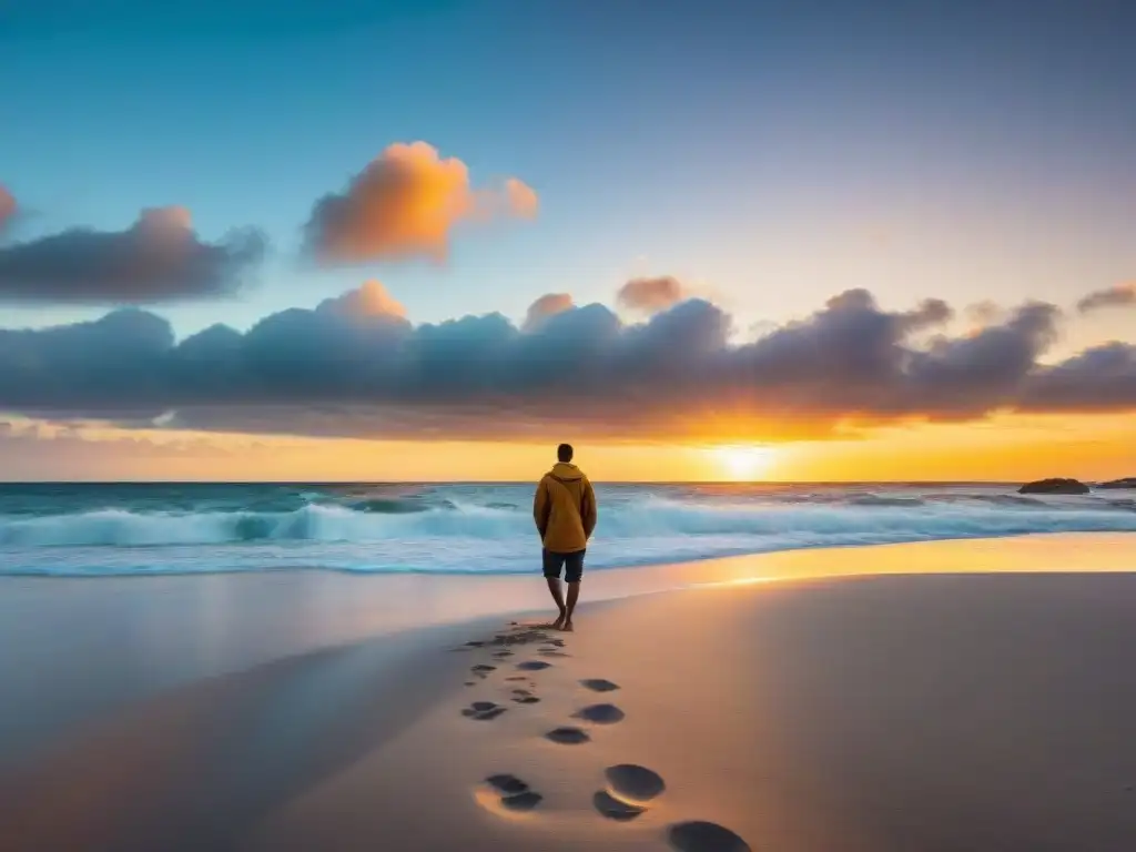 Aplicaciones mindfulness bienestar Uruguay: Atardecer sereno en la playa con olas, cielo colorido, palmeras y meditación