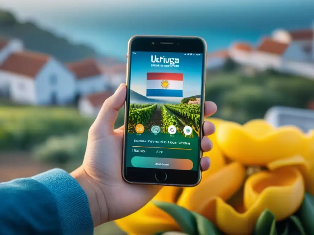 App de nutrición en Uruguay con interfaz moderna y colores vibrantes, iconos intuitivos y recomendaciones personalizadas