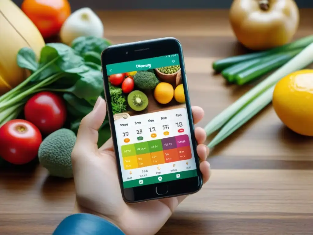 App para planificar menús saludables con iconos coloridos y cocina con alimentos frescos en Uruguay