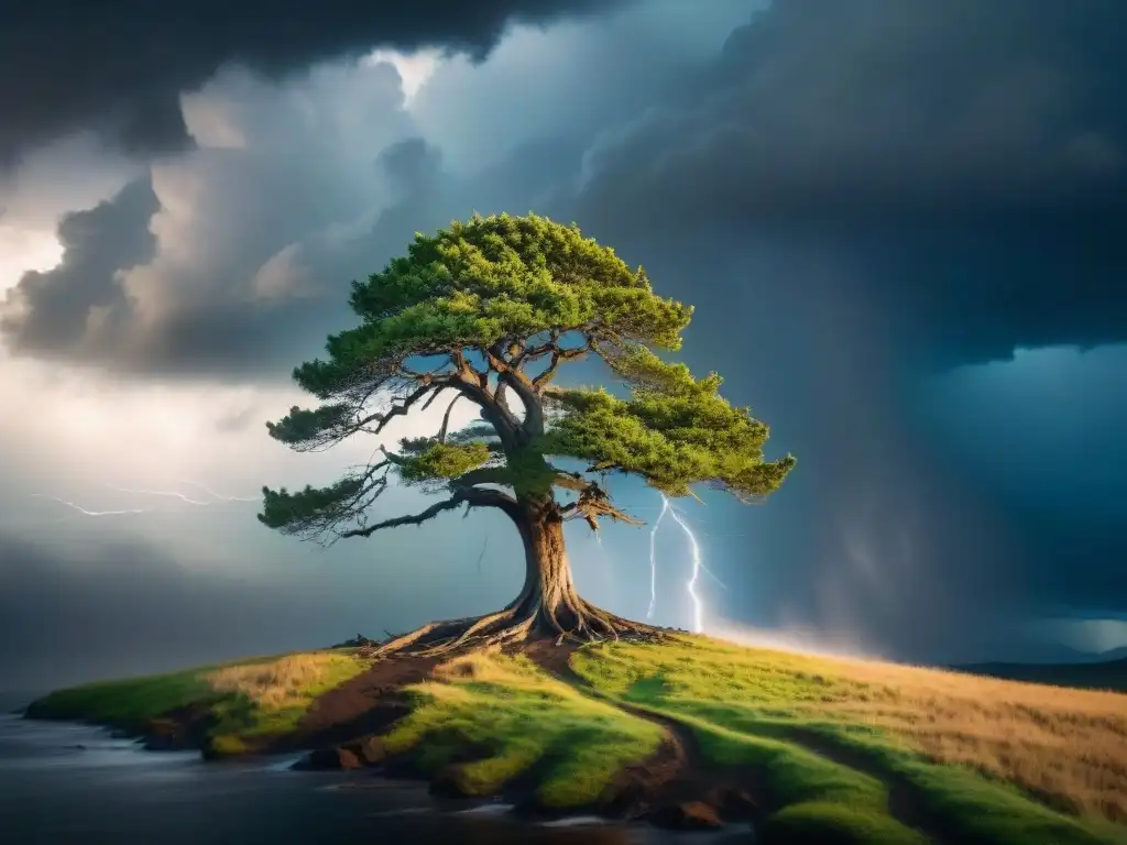 Árbol solitario resistiendo la tormenta, muestra adaptabilidad y resiliencia