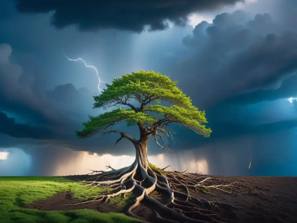 Un árbol solitario desafiando la tormenta con raíces fuertes en la tierra, transmite adaptabilidad y resiliencia coaching Uruguay