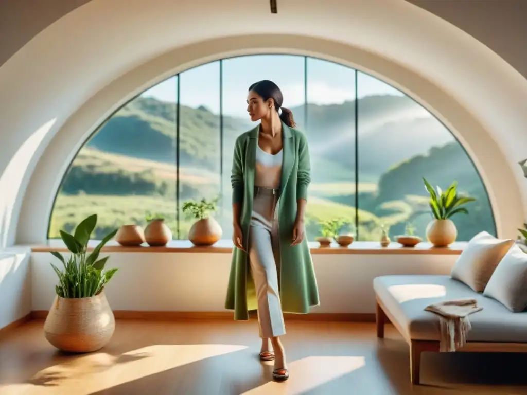 Un armario sostenible lleno de moda eco en un cuarto soleado con ventanas grandes y vista a un paisaje verde en Uruguay