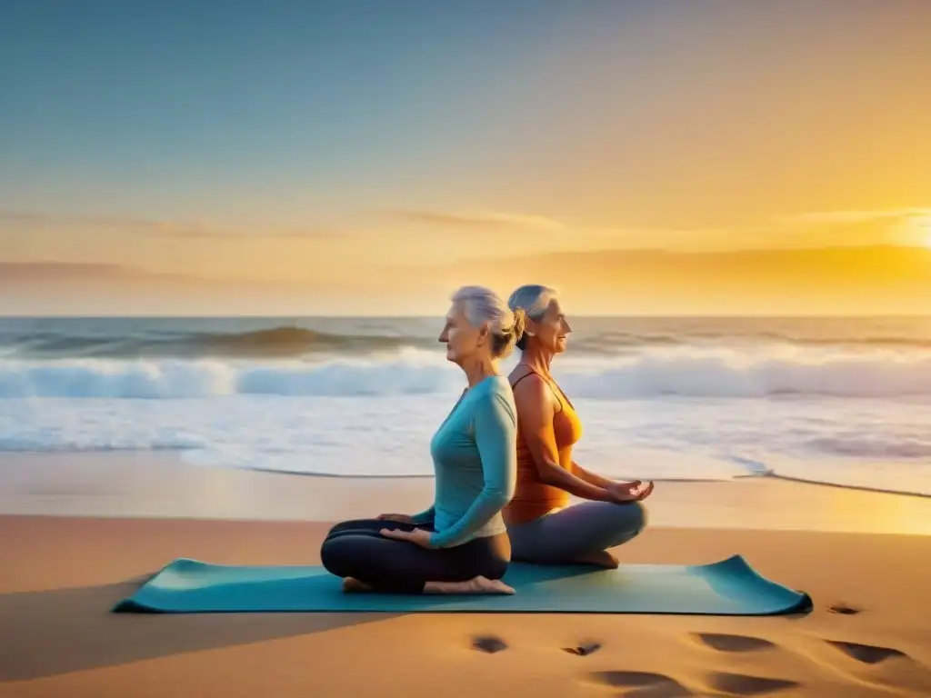 Armonía y bienestar integral para mayores en Uruguay: pareja de ancianos practicando yoga en la playa al atardecer