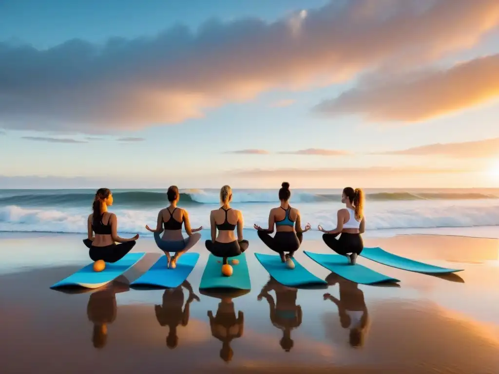 Una armoniosa escena de yoga y surf en la playa de Uruguay, con participantes diversos disfrutando de la tranquilidad al atardecer