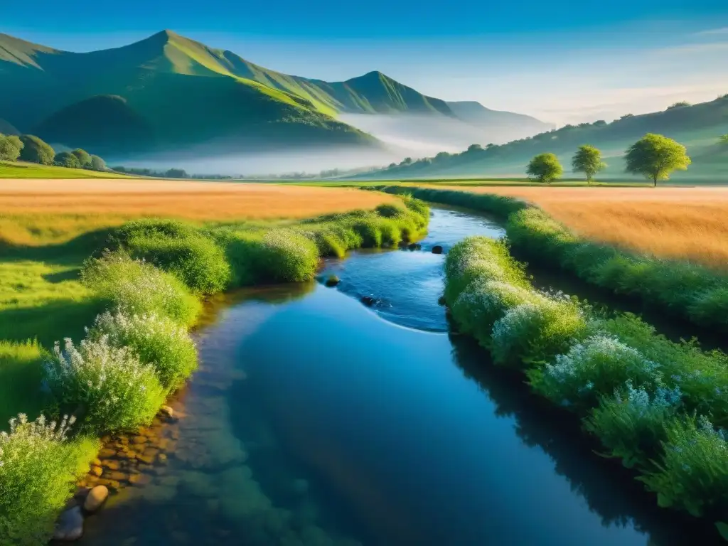 Un arroyo cristalino serpentea entre prados verdes, reflejando el cielo azul