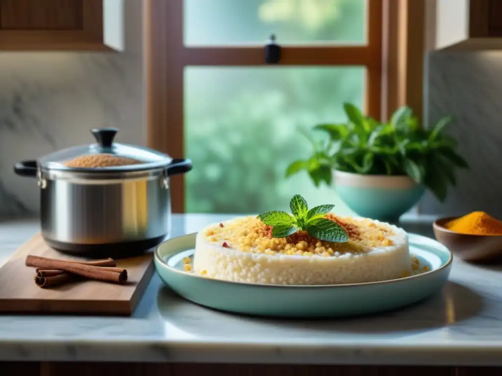 Un arroz con leche saludable, listo para disfrutar, con un toque de canela y menta fresca