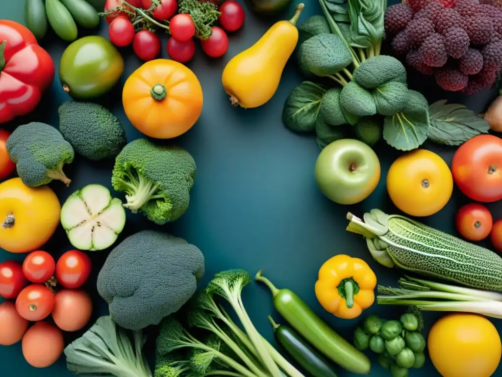 Arte alimenticio para prevenir enfermedades autoinmunes: variedad colorida de frutas y verduras frescas en patrón vibrante