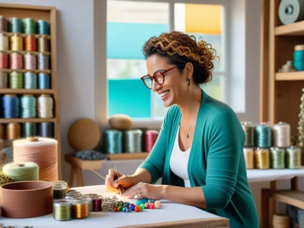 Una artesana uruguaya crea moda sostenible en un estudio luminoso con materiales reciclados