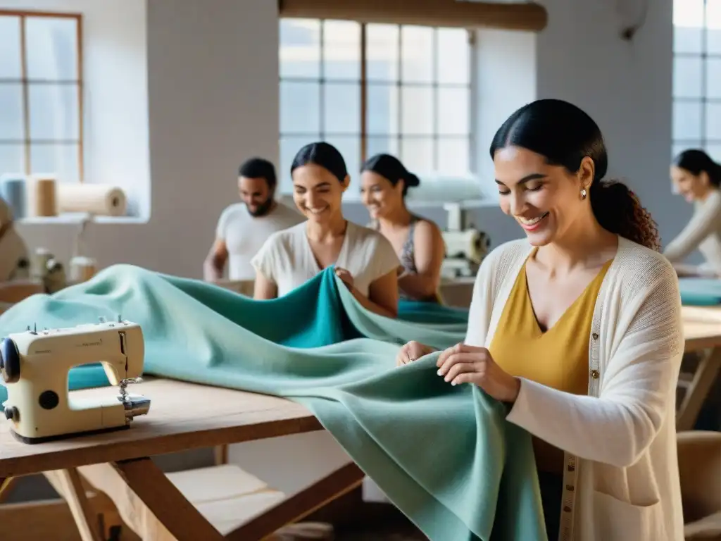 Artesanos sonrientes creando moda consciente en un taller de moda en Uruguay