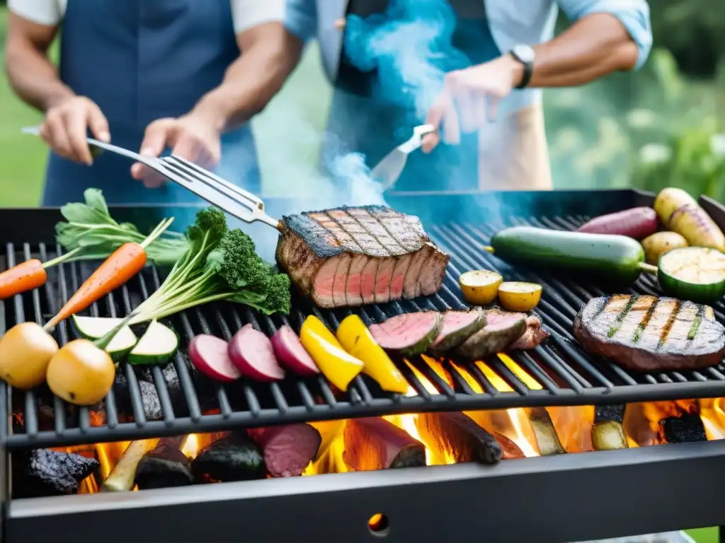 Un asado saludable para parrilla en Uruguay: verduras y carnes coloridas se cocinan en una parrilla moderna mientras amigos y familia disfrutan juntos